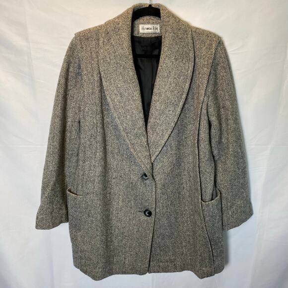 Herman Kay Women's Tweed Herringbone Wool Pea Coat Size 12 Vintage Jacket - Picture 1 of 13